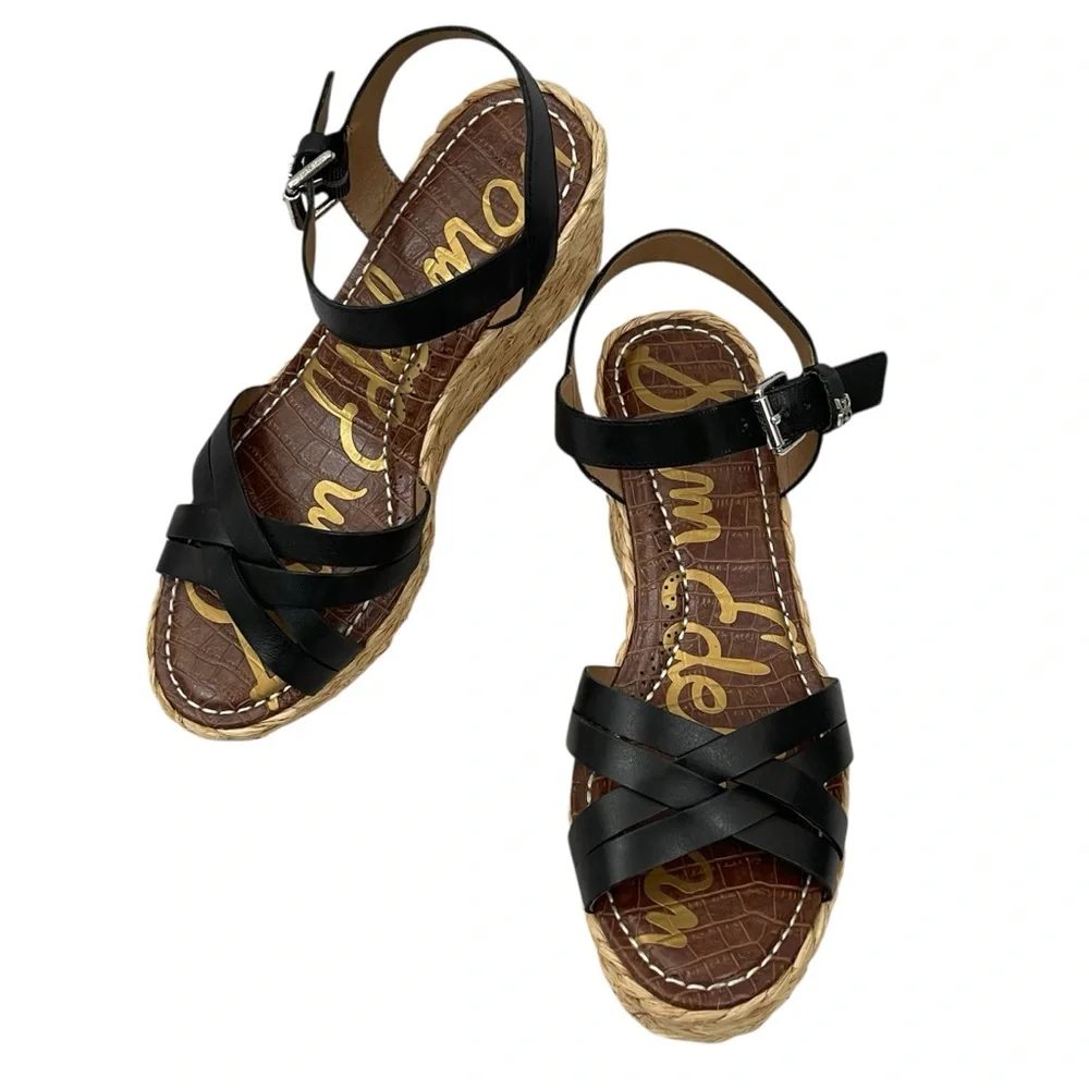 Sam Edelman Darline Black Leather Wedge Espadrilles Sandals - Picture 2 of 11